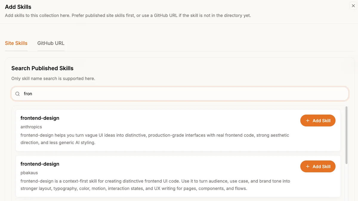 Add published skills or a GitHub SKILL.md source to the collection