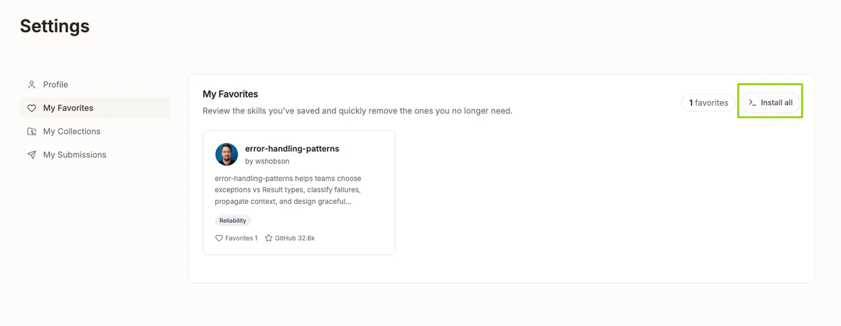 Batch install saved skills from My Favorites